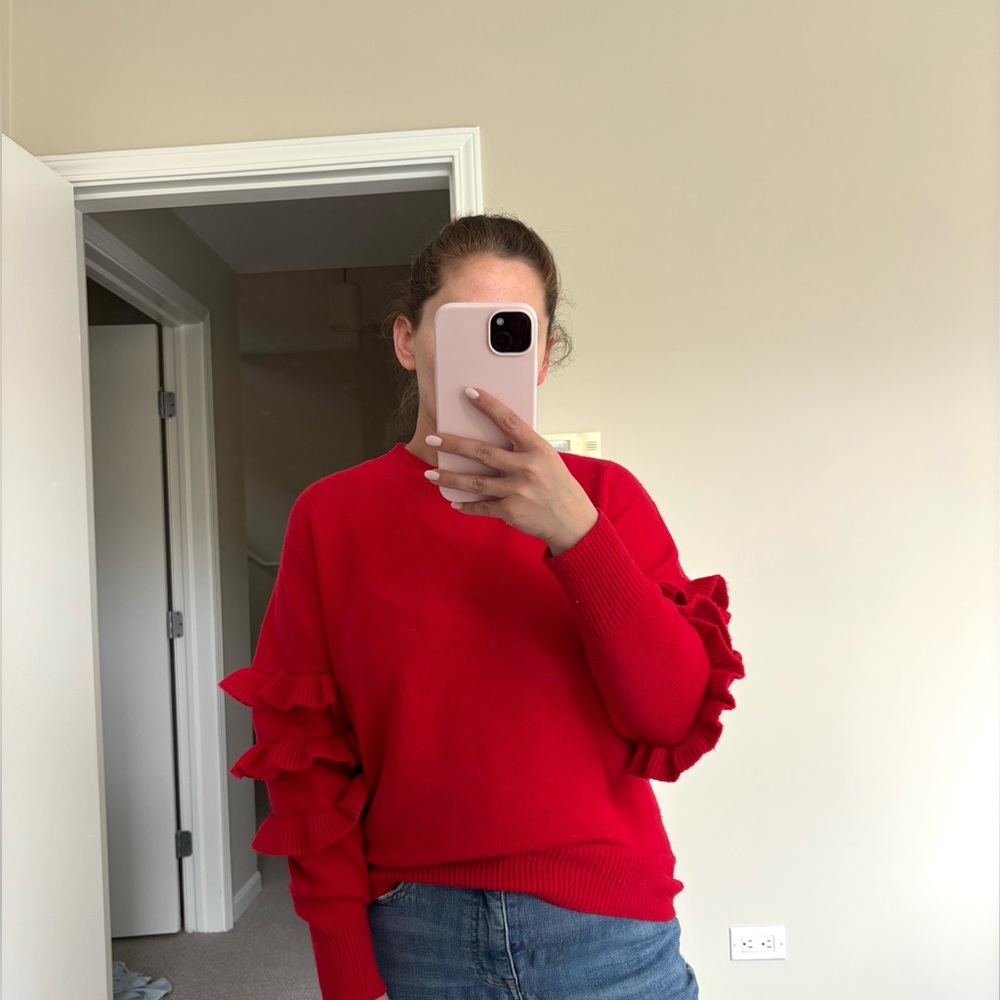 Line & Dot Red Ruffled Crew Neck Sweater - Picture 2 of 6